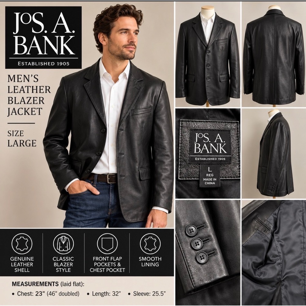 Jos. A. Bank Mens Black Genuine Leather Blazer Jacket Size Large 3 Button